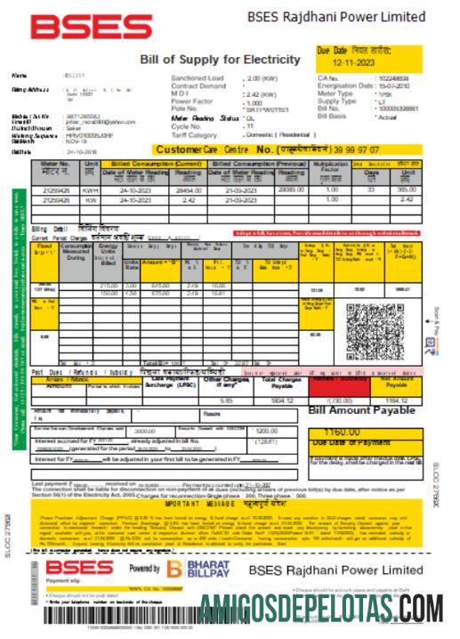 Projeto de lei de serviços públicos de eletricidade da BSES Rajdhani Power Limited, SCR modelo